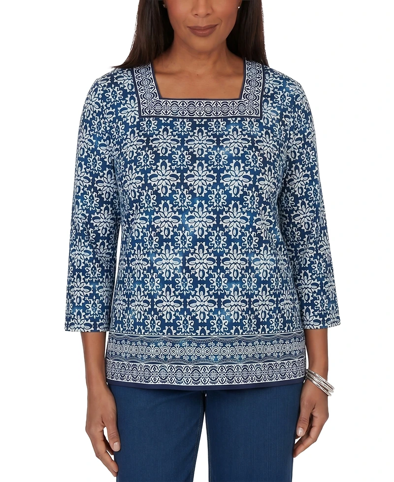 Alfred Dunner Women's Batik Tile Square Neck Top