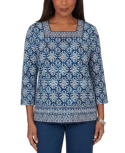 Alfred Dunner Women's Batik Tile Square Neck Top