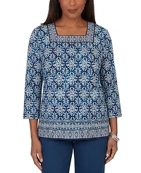 Alfred Dunner Women's Batik Tile Square Neck Top