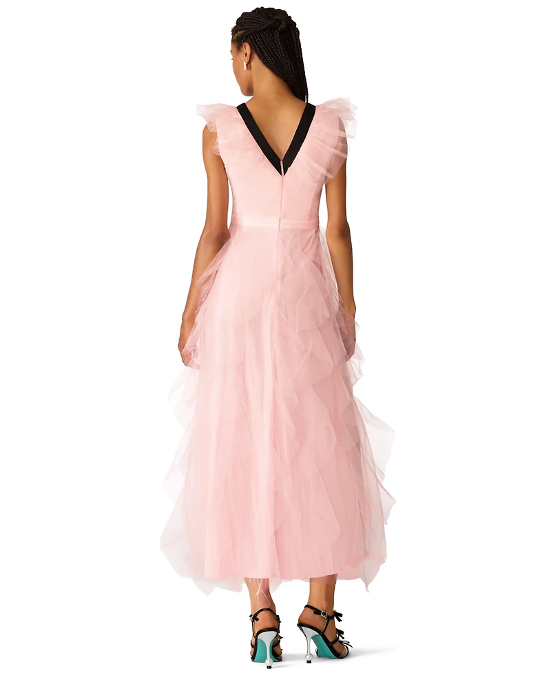Betsey Johnson Juniors' Cascading Tulle Contrast Bow V-Neck Maxi Dress