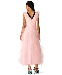 Betsey Johnson Juniors' Cascading Tulle Contrast Bow V-Neck Maxi Dress