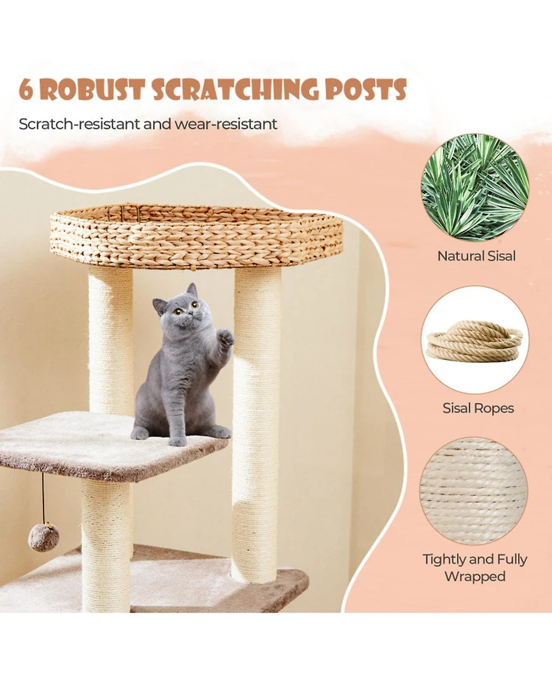 Hongge 52 Inch 4-Layer Cat Tower with Sisal Scratching Posts Condo and Washable Cushions