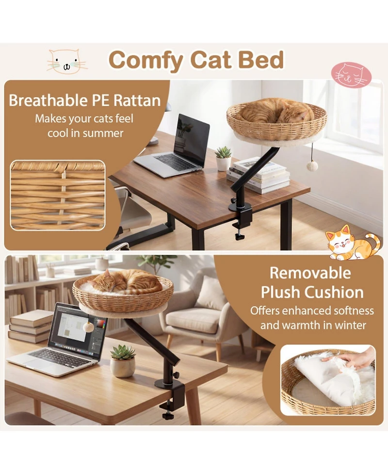 Hongge Clamp-On Cat Desk Bed with 360-Degree Rotating Bracket and Removable Cushion