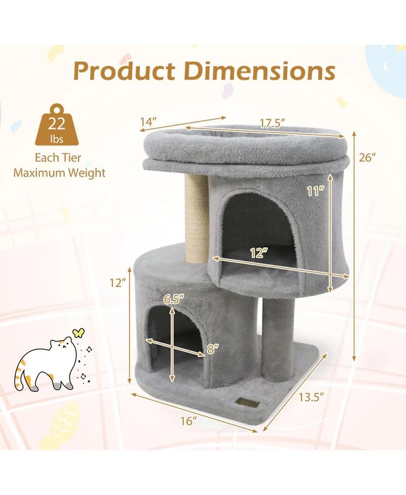 Hongge 26 Inch Cat Tower with Large Padded Perch Dual Condos and Sisal Scratching Posts