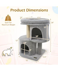 Hongge 26 Inch Cat Tower with Large Padded Perch Dual Condos and Sisal Scratching Posts
