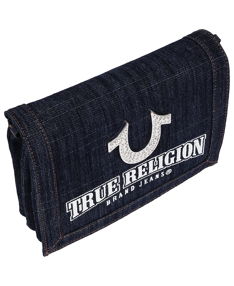 True Religion Bling Horseshoe Denim Messenger Bag with Adjustable Strap