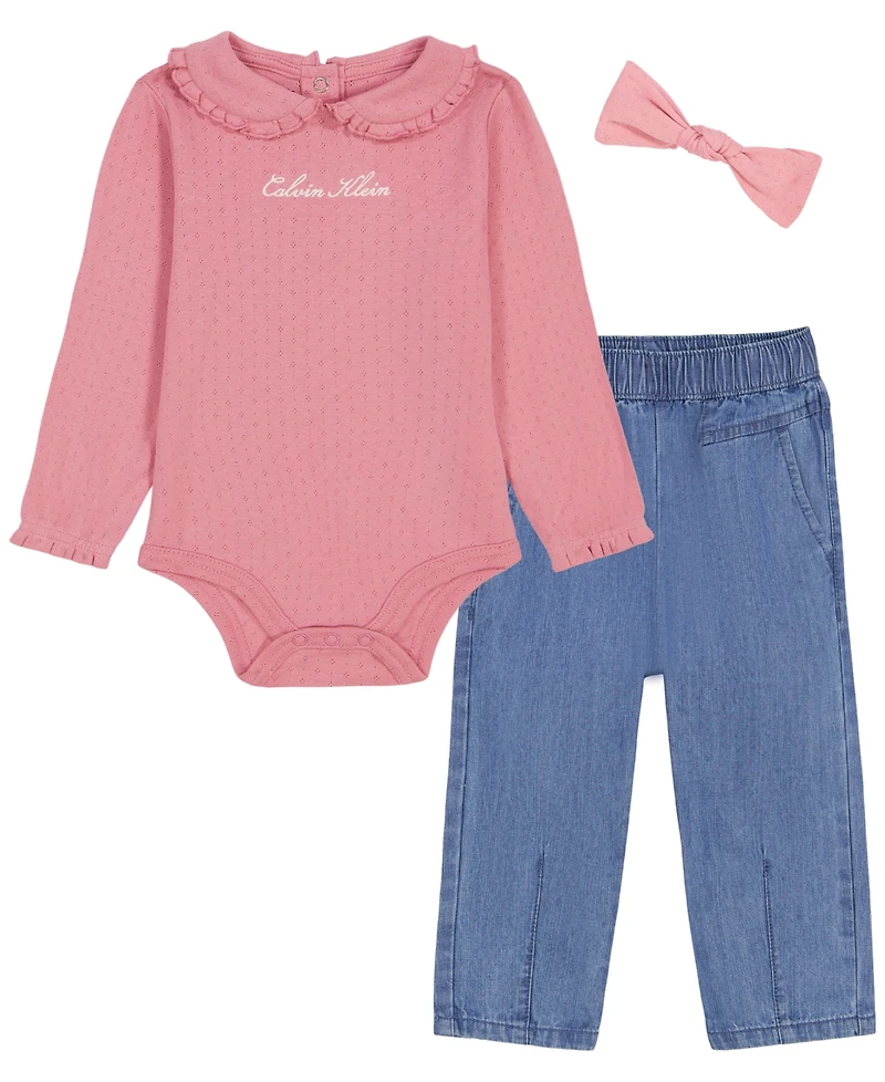 Calvin Klein Baby Girls' Long-Sleeve Bodysuit, Pants and Bow Headband, 3-Piece Set