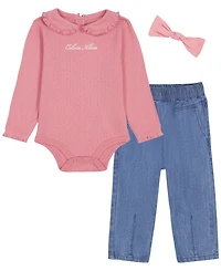 Calvin Klein Baby Girls' Long-Sleeve Bodysuit, Pants and Bow Headband, 3-Piece Set