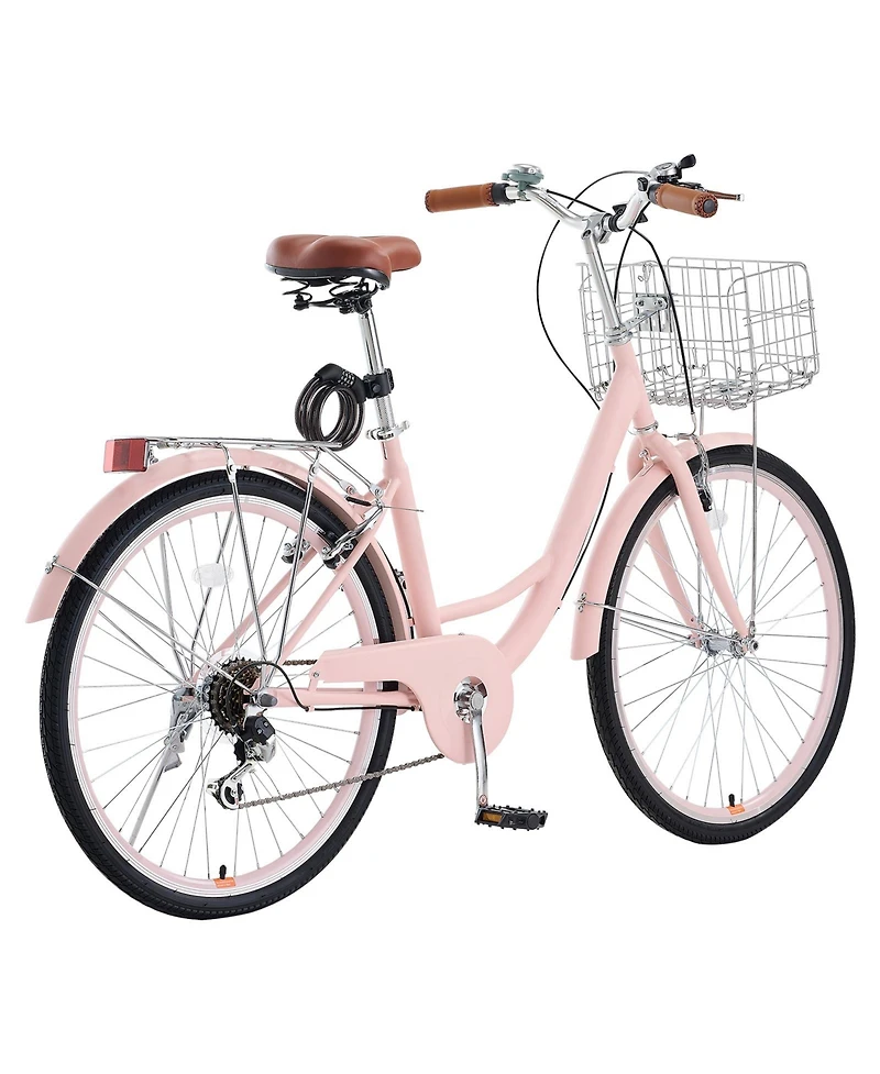 Sevorley 26 inch Pink Beach Cruiser Bike, 7-Speed with Basket and Rear Rack