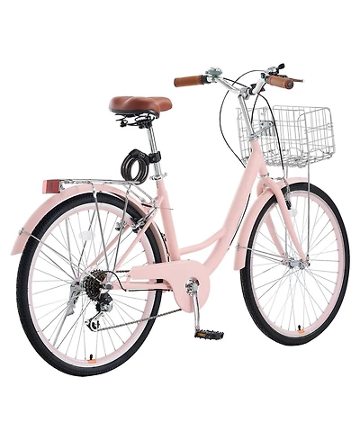 Sevorley 26 inch Pink Beach Cruiser Bike, 7-Speed with Basket and Rear Rack