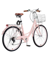 Sevorley 26 inch Pink Beach Cruiser Bike, 7-Speed with Basket and Rear Rack