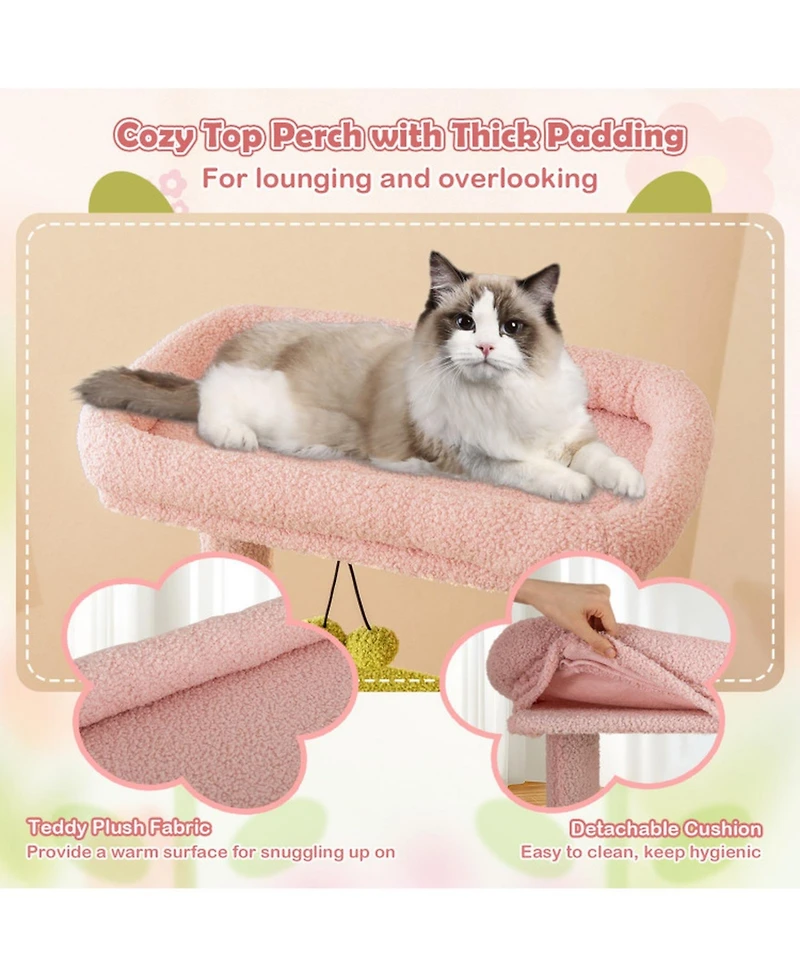 Hongge 58 Inch Multi-Level Floral Cat Tree with Condo Hammock and Sisal Scratching Board