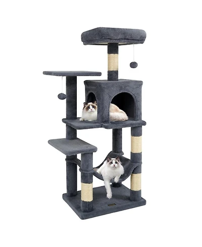 Hongge 44 Inch Multi-Level Cat Tower with 2-Door Condo Padded Perch Hammock and Sisal Posts