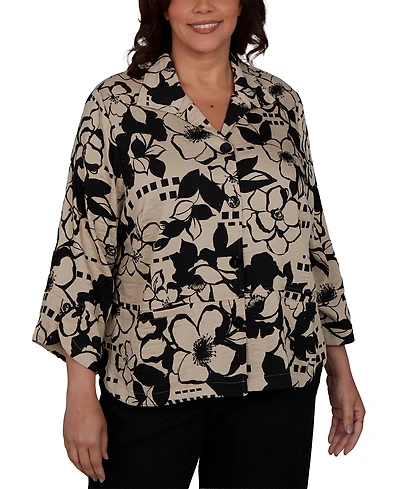 Alfred Dunner Plus Travel Advisory Geo Floral Button-Front Top