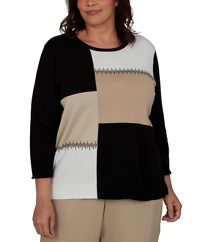 Alfred Dunner Plus Travel Advisory Neutral Colorblock Embellished Sweater