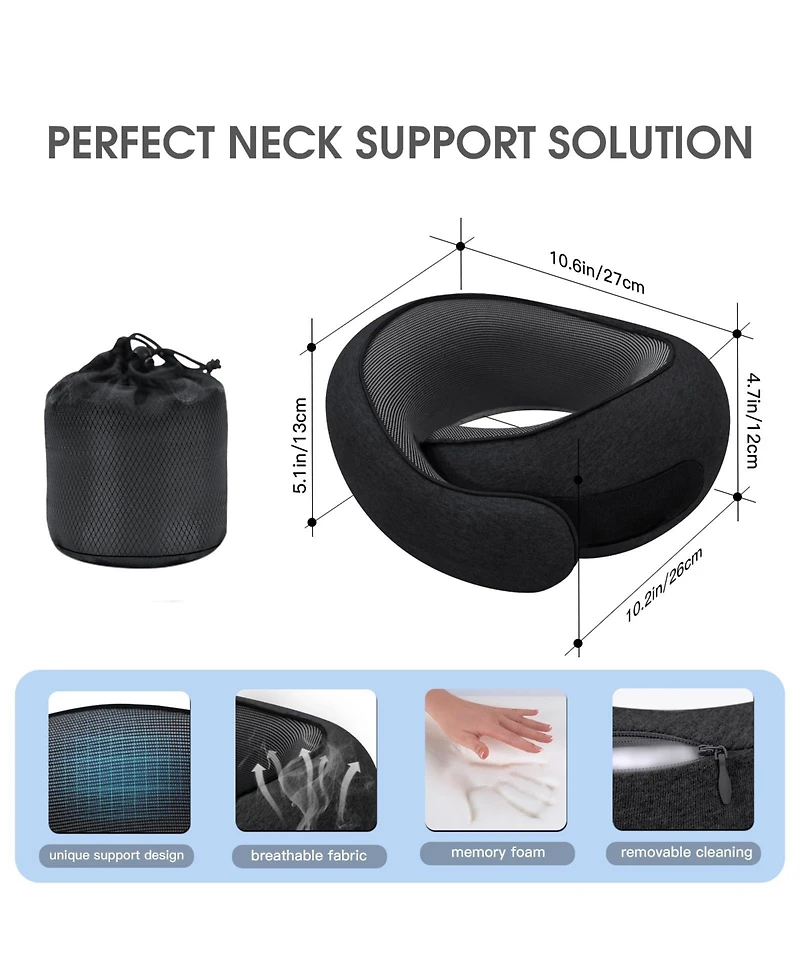 Piscifun Memory Foam Travel Neck Pillow For Airplane Car Home Adjustable Support Washable Portable