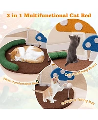 Hongge Mushroom Cat Bed and Claw Scratcher with Wide Cushion and Sisal Scratch Panel