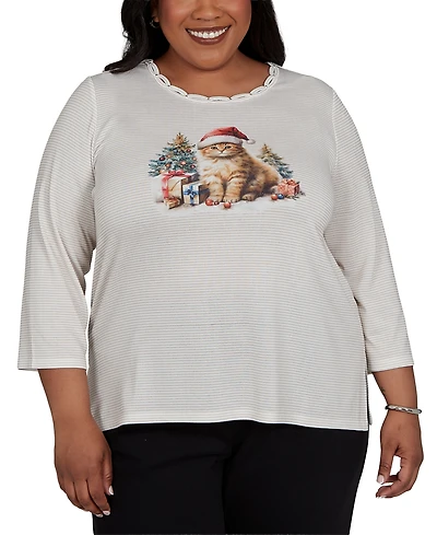 Alfred Dunner Plus Classic Santa Cat Knit Top