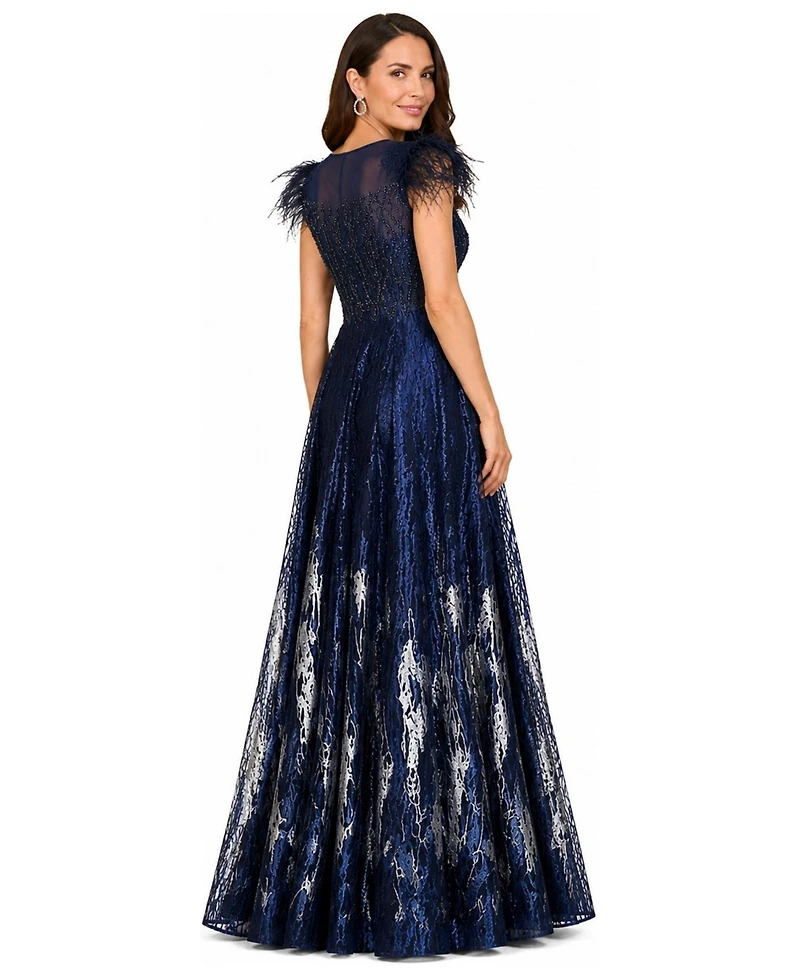 Lara Women's Lace ballgown with Feather Cap Sleeves