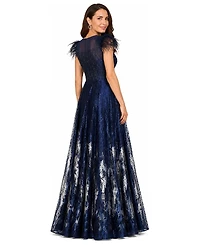 Lara Women's Lace ballgown with Feather Cap Sleeves