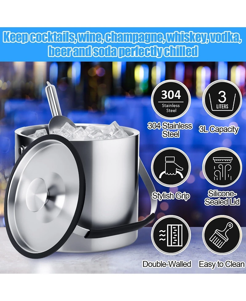 Piscifun Double Walled Insulated Ice Bucket with Lid Scoop Strainer Handle for Cocktail Parties
