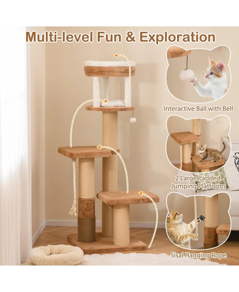 Hongge 65 Inch Cat Tree with Dual Padded Perches Removable Washable Bed and Self-Groomer