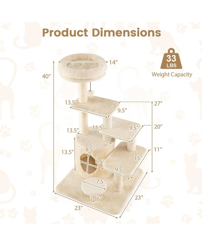 Hongge 40 Inch Multi-Level Cat Tower with Sisal Posts Hideaway Condo and Jingle Ball