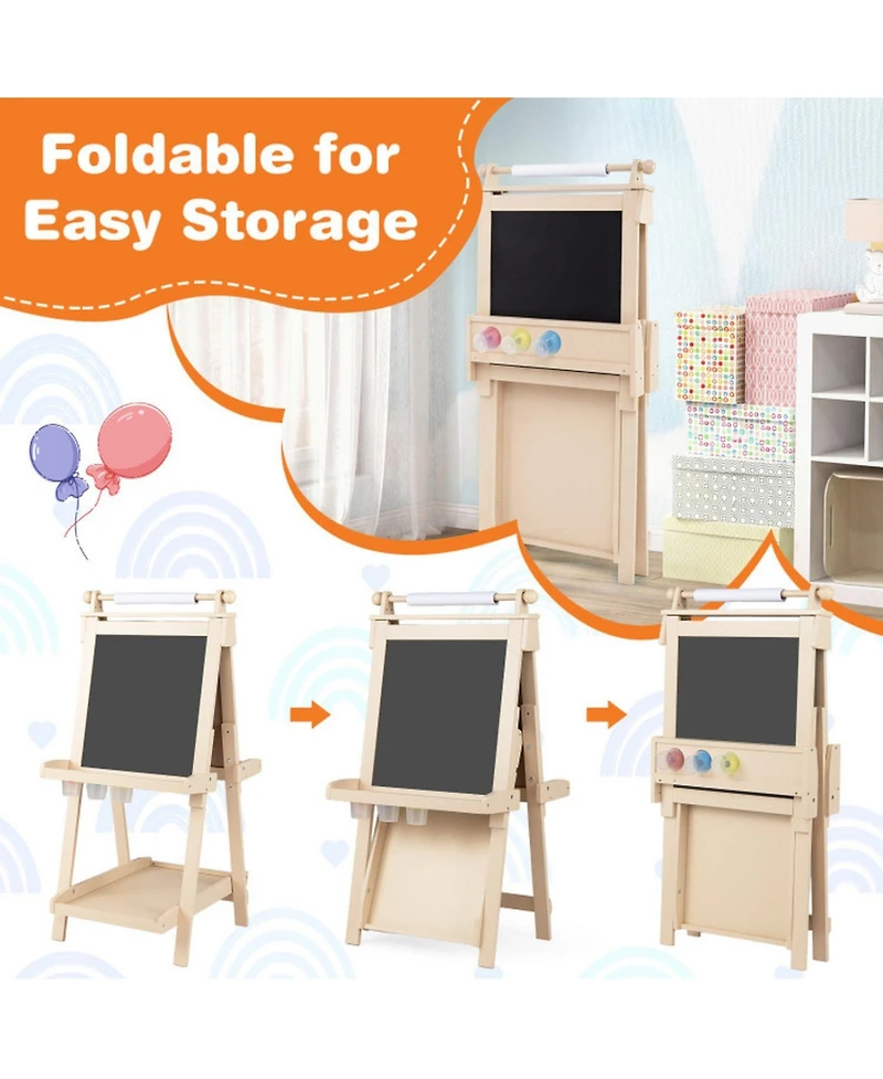 Hongge 3-in-1 Double-Sided Kids Art Easel with Chalkboard Magnetic Whiteboard and Paper Roll