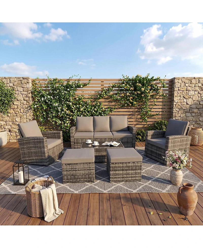 Asagikoiai 6-Piece Outdoor Wicker Sectional Patio Furniture Set with Sofa and Ottomans
