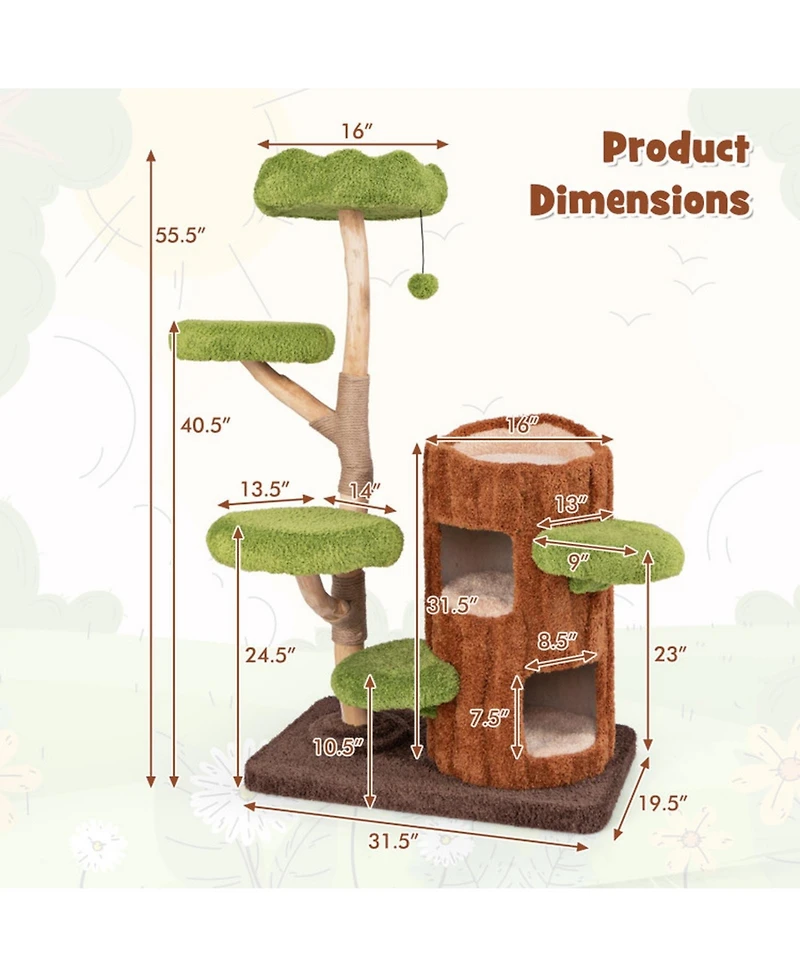 Hongge 55 Inch Multi-Level Cat Tree with Double-Decker Cat House Wide Perch and Sisal Panel