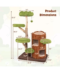 Hongge 55 Inch Multi-Level Cat Tree with Double-Decker Cat House Wide Perch and Sisal Panel
