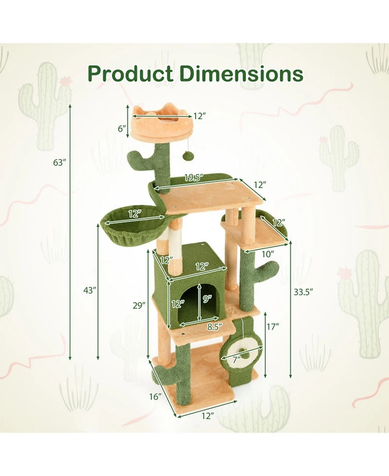 Hongge 63 Inch Cactus Cat Tree with Hideaway Condo Crown Perch and Sisal Scratching Posts