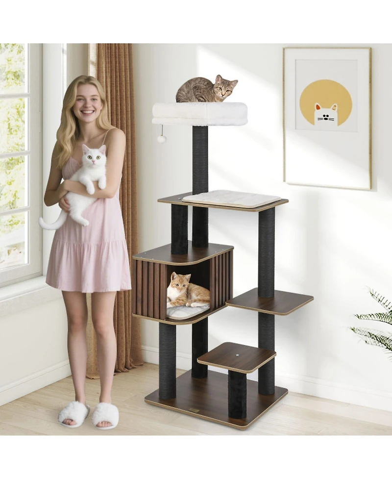Hongge 59 Inch Multi-Level Cat Tree with Fence-Style Condo Cushioned Top Perch and Sisal Posts