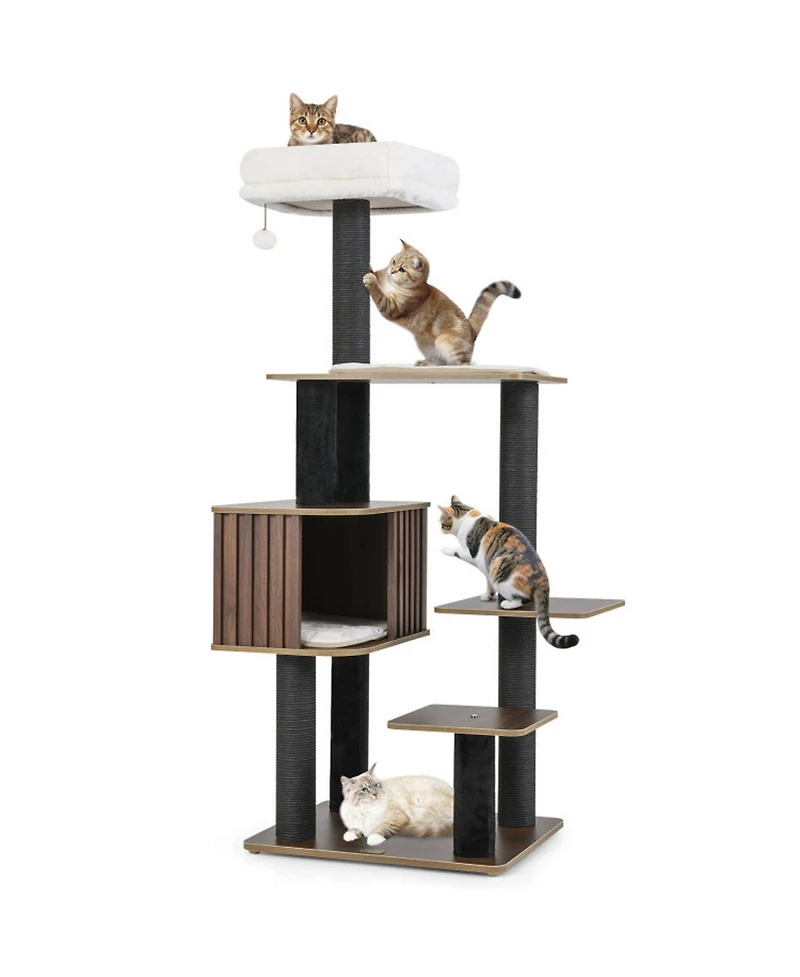 Hongge 59 Inch Multi-Level Cat Tree with Fence-Style Condo Cushioned Top Perch and Sisal Posts