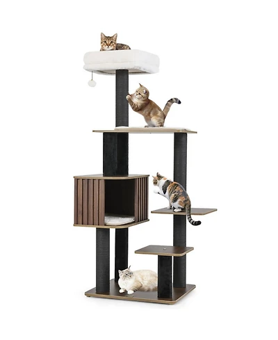 Hongge 59 Inch Multi-Level Cat Tree with Fence-Style Condo Cushioned Top Perch and Sisal Posts