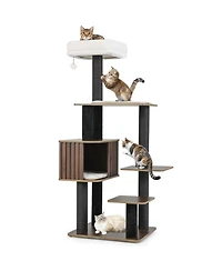 Hongge 59 Inch Multi-Level Cat Tree with Fence-Style Condo Cushioned Top Perch and Sisal Posts