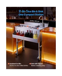 Sevorley Commercial Ice Bin with Sink and Faucet, 60 Qt Stainless Steel Cocktail Cooler Cart