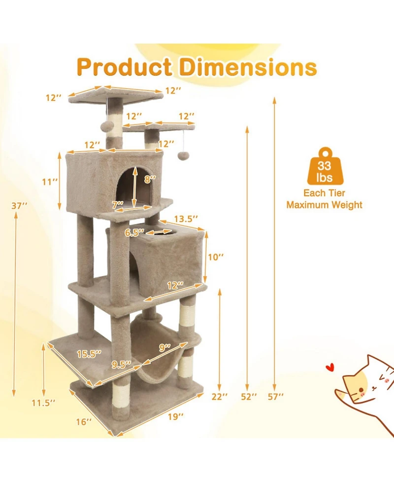 Hongge 57 Inch Cat Tree with Dual Condos Hammock and Sisal Scratching Posts