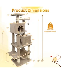 Hongge 57 Inch Cat Tree with Dual Condos Hammock and Sisal Scratching Posts