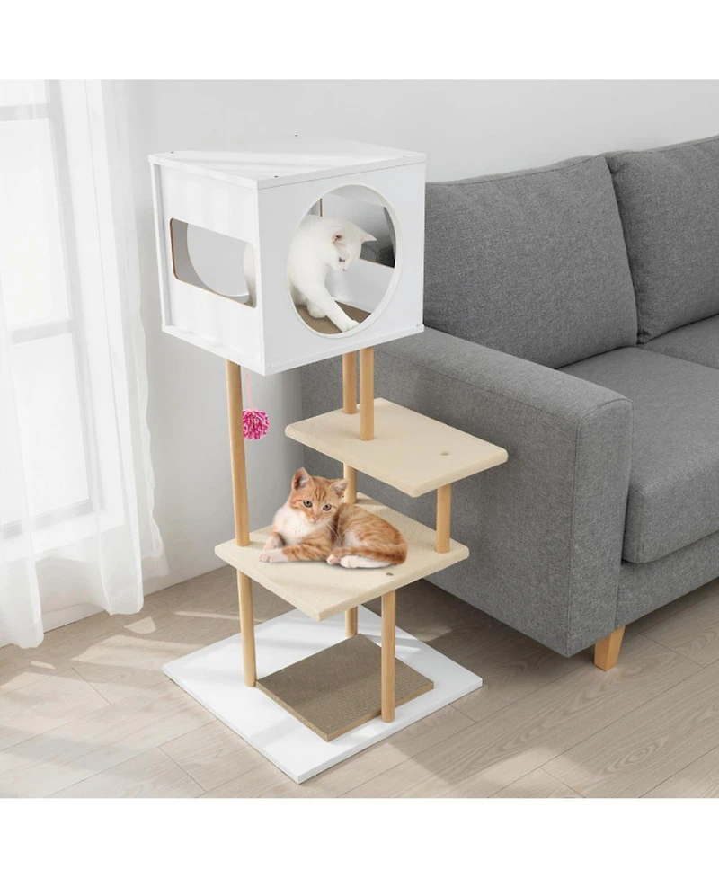 Hongge 40 Inch Wood Cat Tower with 2-Door Condo Corrugated Cardboard Scratchers and Fleece Perches
