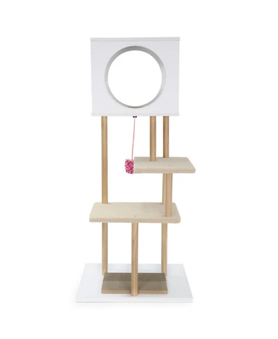 Hongge 40 Inch Wood Cat Tower with 2-Door Condo Corrugated Cardboard Scratchers and Fleece Perches