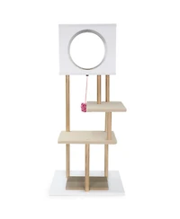 Hongge 40 Inch Wood Cat Tower with 2-Door Condo Corrugated Cardboard Scratchers and Fleece Perches