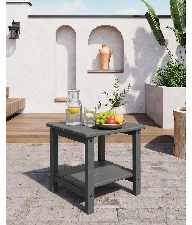 homfan 18" Hdpe Side Table – 2-Tier Outdoor End Table, Weather Resistant with Wood Grain for Patio, Backyard or Balcony