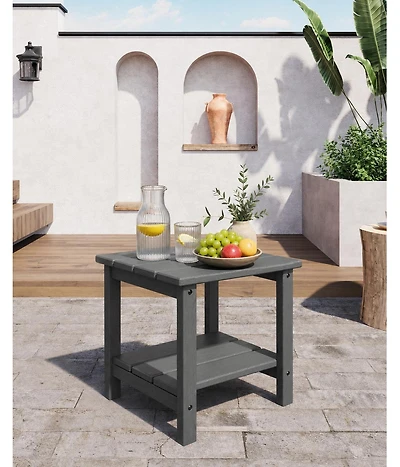 homfan 18" Hdpe Side Table – 2-Tier Outdoor End Table, Weather Resistant with Wood Grain for Patio, Backyard or Balcony