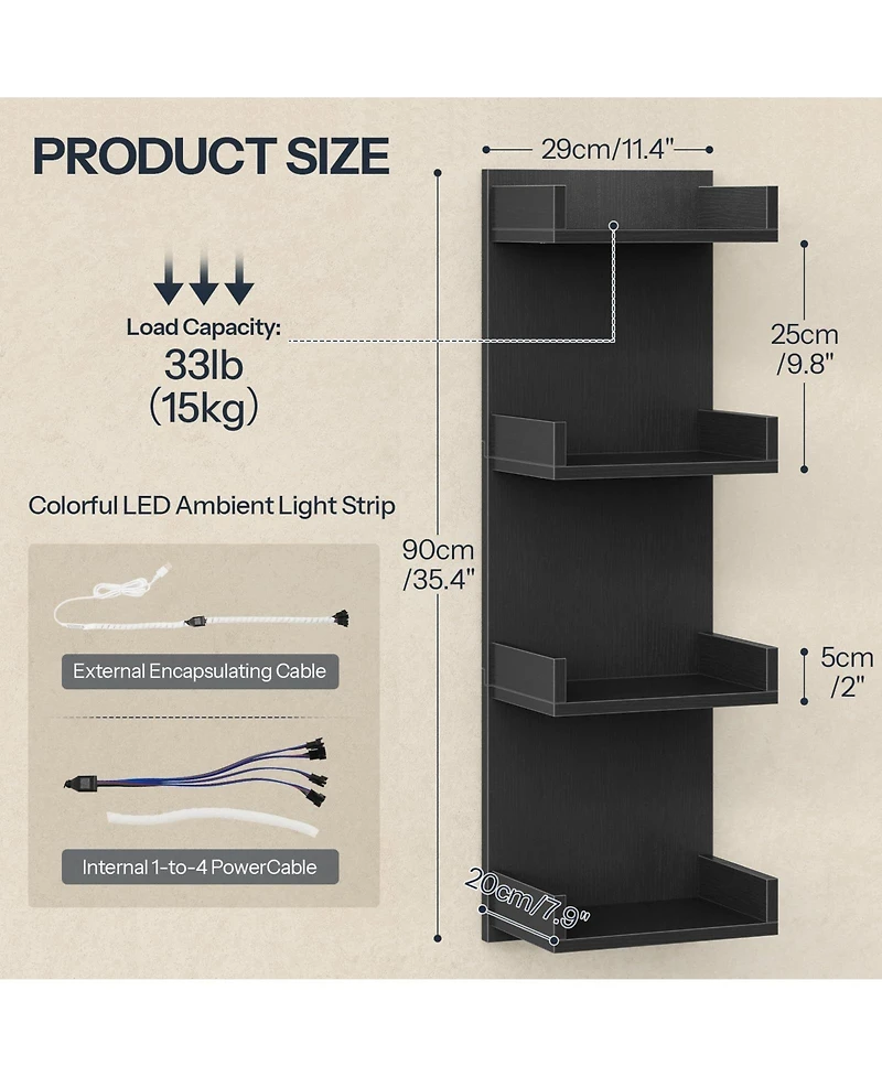 Slickblue Floating Wall Shelves with Led Lights 4-Tier Display Storage for Bedroom Living Room