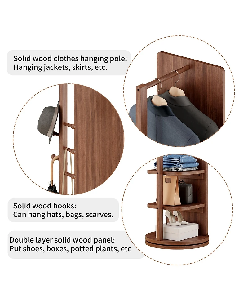Busdays x Inch 360 Rotating Full-Length Mirror with Hook Storage Rack Coat Rack Solid Wood Floor Mirror for Bedroom Living Room