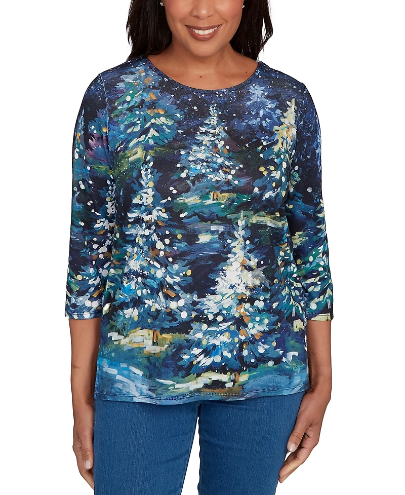 Alfred Dunner Petite Classic Starry Christmas Tree Scene Top