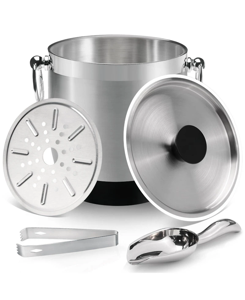 Piscifun Double Wall Insulated Stainless Steel Ice Bucket with Lid Tong and Strainer Keeps Ice Frozen Longer for Parties