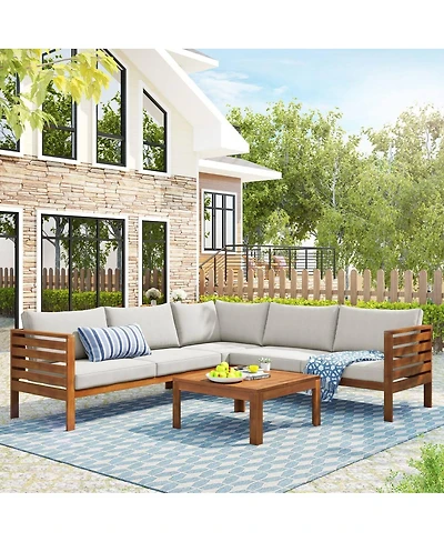 Asagikoiai 6-Piece Wood Outdoor Sectional Sofa Set, L-Shape Patio Conversation Set with Coffee Table