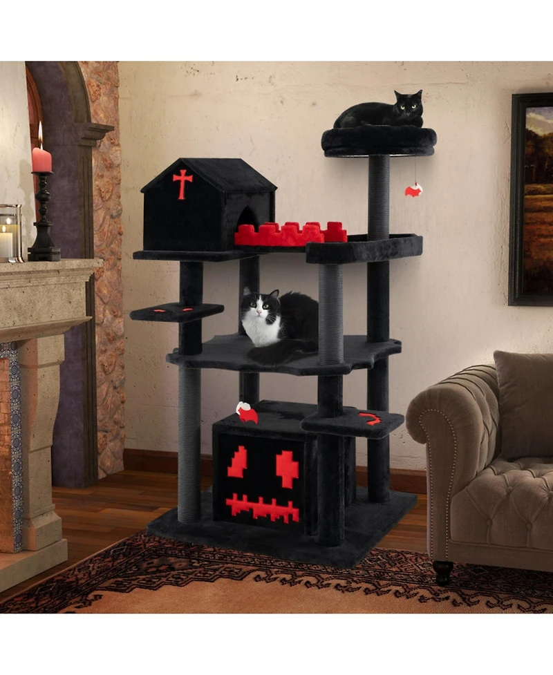 Hongge 49 Inch Gothic Cat Tree 6-Tier Cat Tower with Coffin Bed and Church Condo for Large Cats